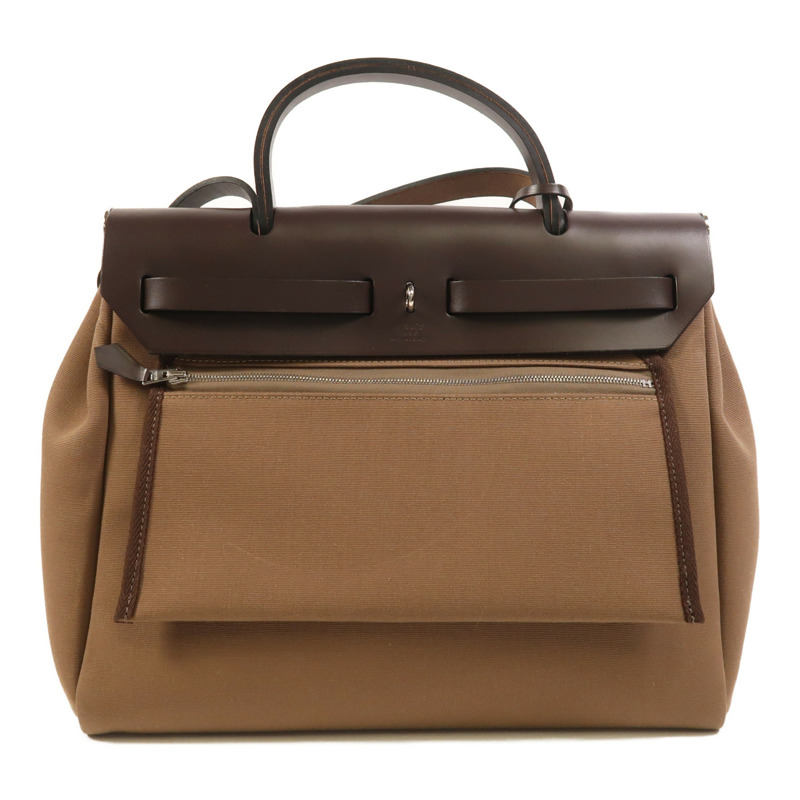 HERMES 帆布Herbag PM銀扣手挽肩背兩用袋Etoupe/Ebene-1