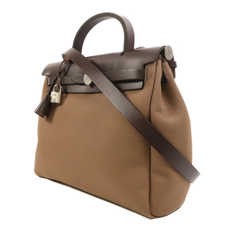 HERMES 帆布Herbag PM銀扣手挽肩背兩用袋Etoupe/Ebene-2