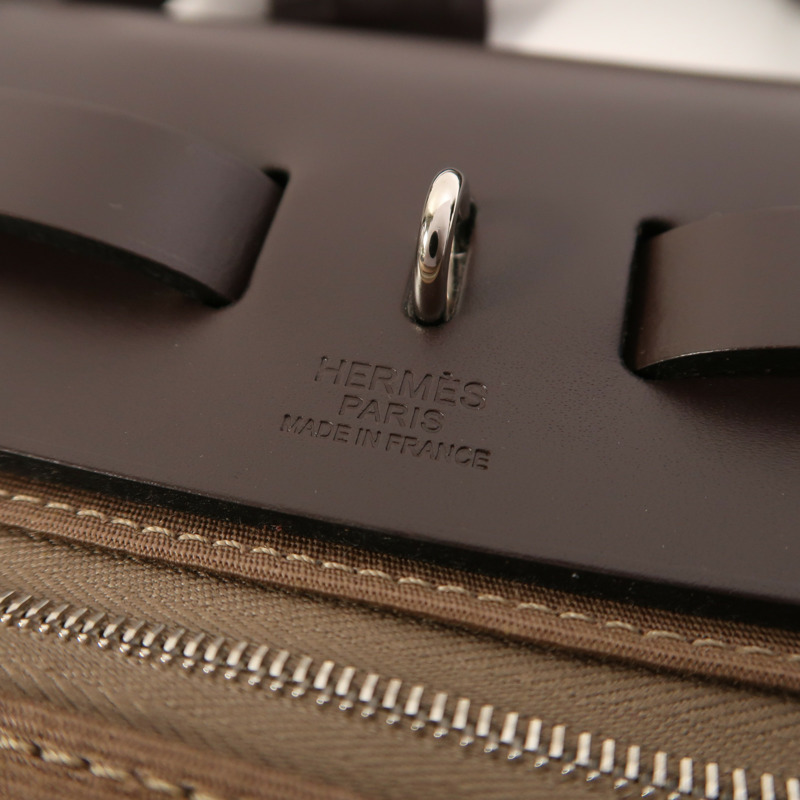 HERMES 帆布Herbag PM銀扣手挽肩背兩用袋Etoupe/Ebene-5