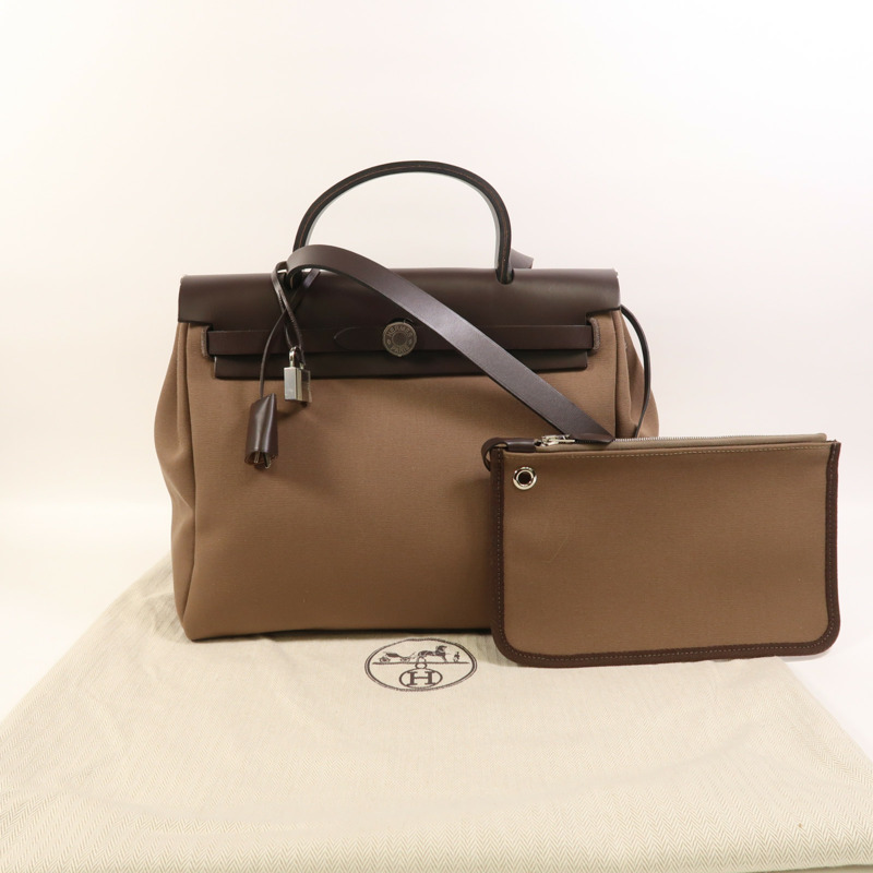HERMES 帆布Herbag PM銀扣手挽肩背兩用袋Etoupe/Ebene-8