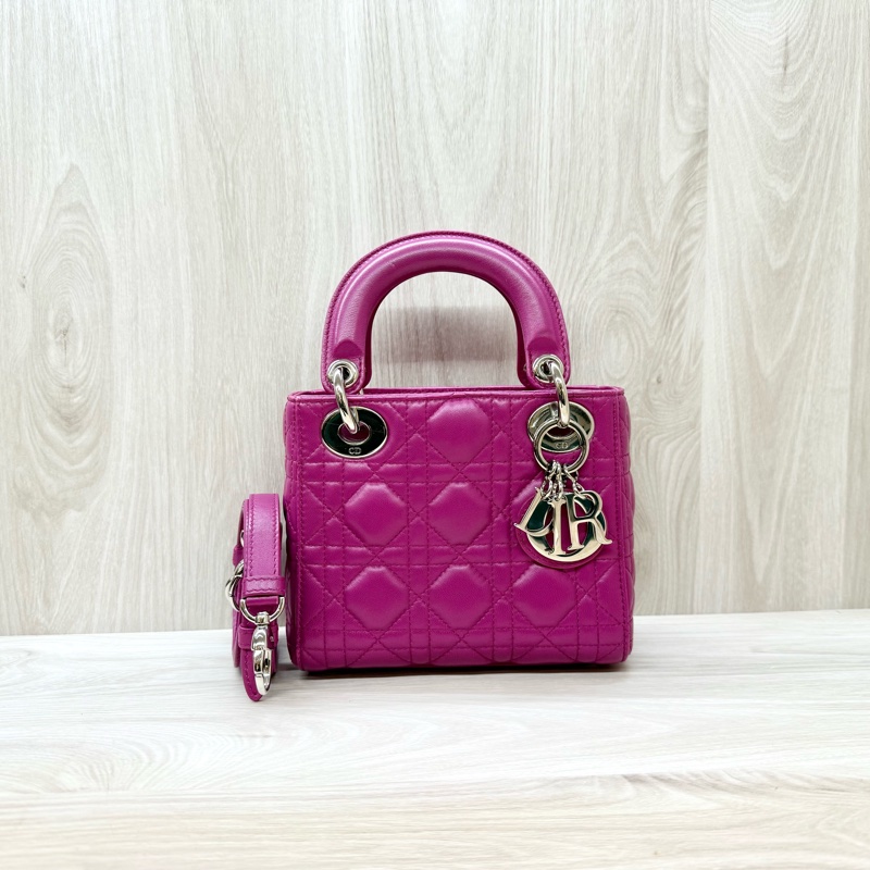 DIOR玫紅色3格銀釦Mini  Lady Dior黛妃包-0