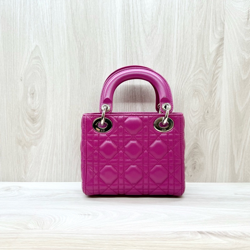 DIOR玫紅色3格銀釦Mini  Lady Dior黛妃包-1