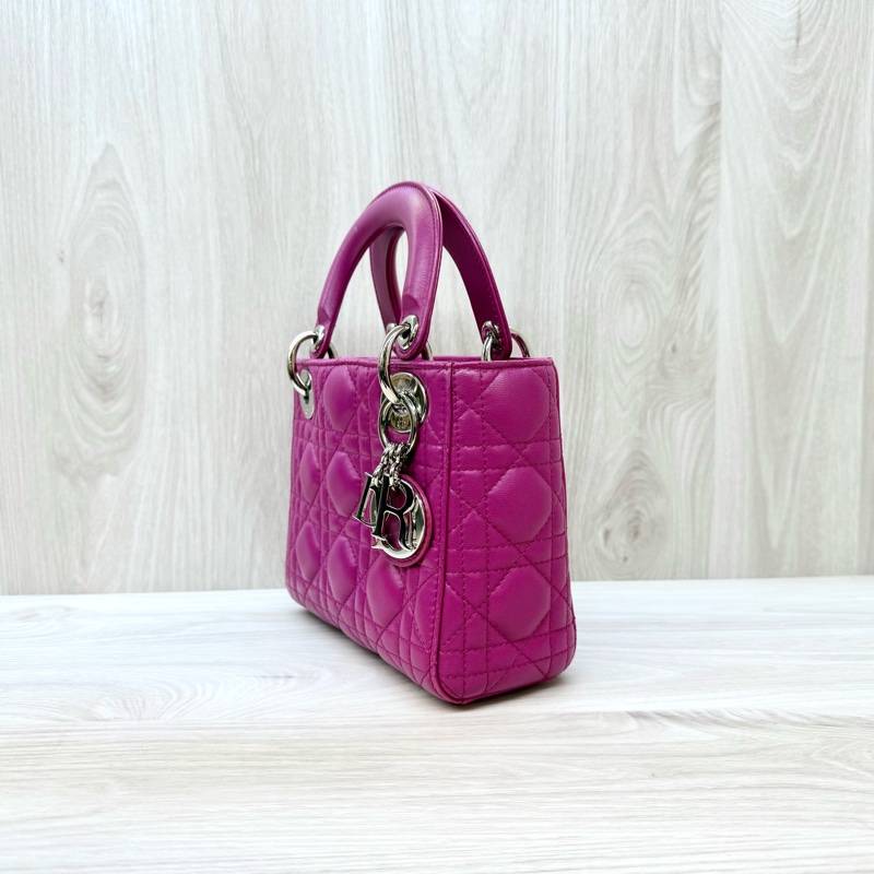 DIOR玫紅色3格銀釦Mini  Lady Dior黛妃包-2