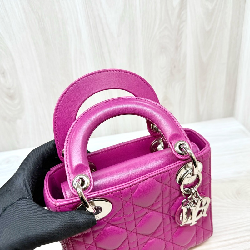 DIOR玫紅色3格銀釦Mini  Lady Dior黛妃包-5