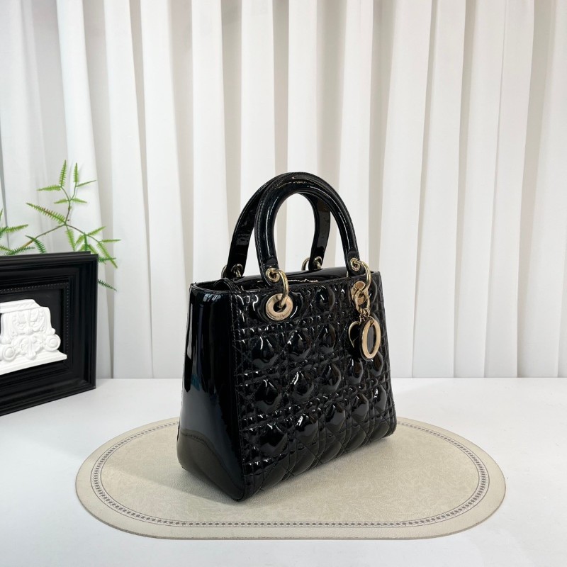 DIOR迪奧 Lady Dior 藤格紋五格 漆皮牛皮革 戴妃包手提單肩斜挎包-1