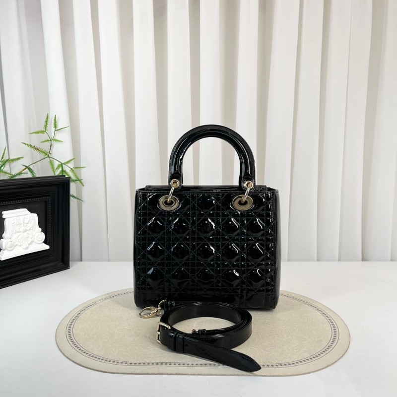 DIOR迪奧 Lady Dior 藤格紋五格 漆皮牛皮革 戴妃包手提單肩斜挎包-3