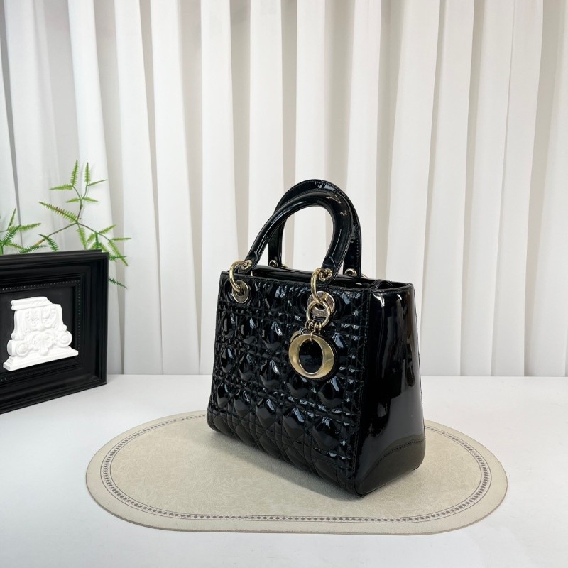 DIOR迪奧 Lady Dior 藤格紋五格 漆皮牛皮革 戴妃包手提單肩斜挎包-7