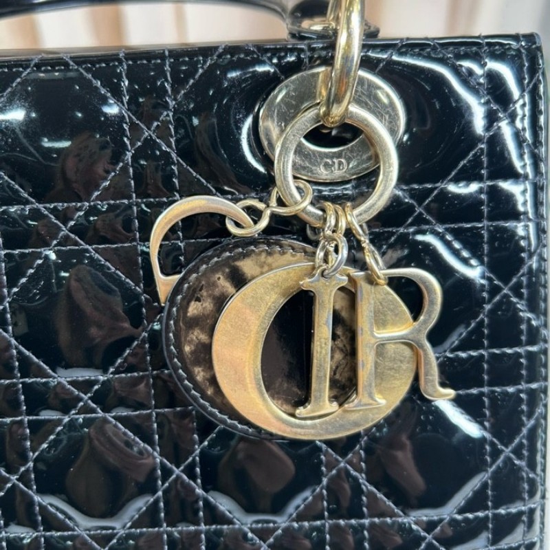 DIOR迪奧 Lady Dior 藤格紋五格 漆皮牛皮革 戴妃包手提單肩斜挎包-8