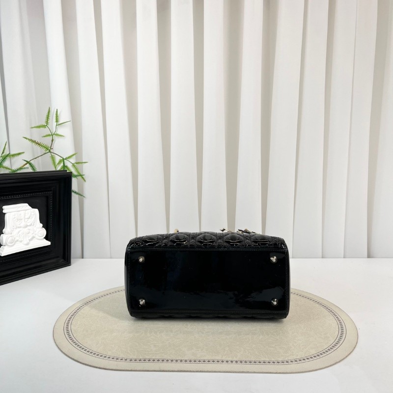 DIOR迪奧 Lady Dior 藤格紋五格 漆皮牛皮革 戴妃包手提單肩斜挎包-10