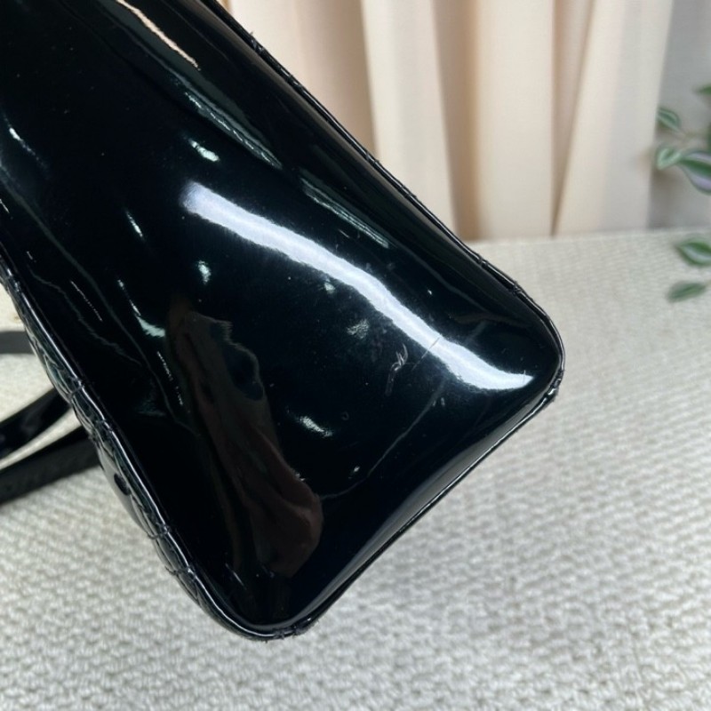 DIOR迪奧 Lady Dior 藤格紋五格 漆皮牛皮革 戴妃包手提單肩斜挎包-12