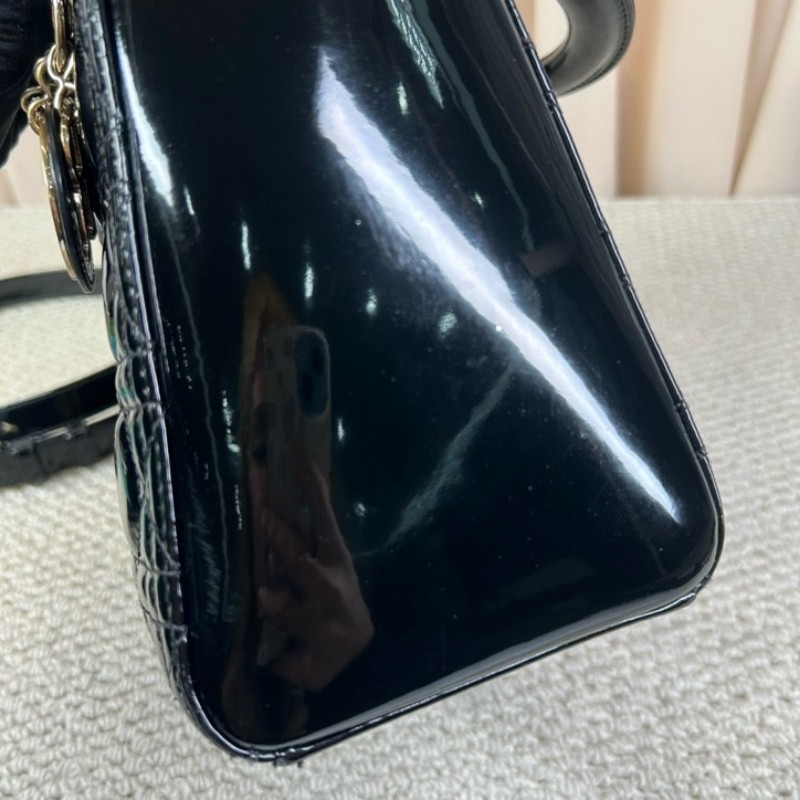 DIOR迪奧 Lady Dior 藤格紋五格 漆皮牛皮革 戴妃包手提單肩斜挎包-14