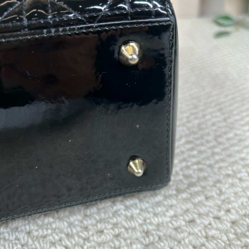 DIOR迪奧 Lady Dior 藤格紋五格 漆皮牛皮革 戴妃包手提單肩斜挎包-15