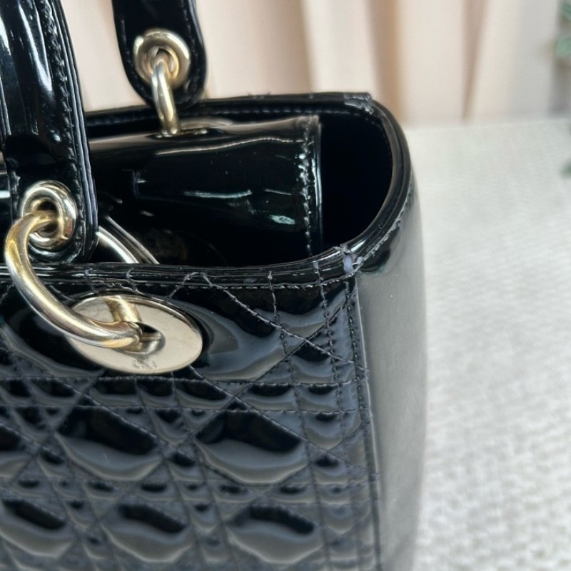 DIOR迪奧 Lady Dior 藤格紋五格 漆皮牛皮革 戴妃包手提單肩斜挎包-18