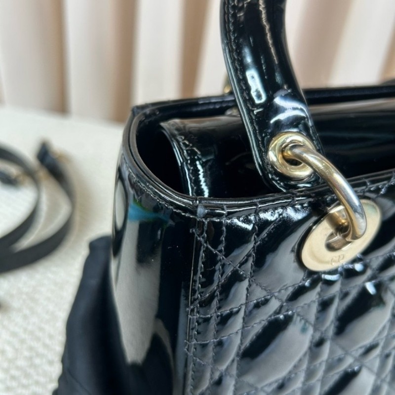 DIOR迪奧 Lady Dior 藤格紋五格 漆皮牛皮革 戴妃包手提單肩斜挎包-19