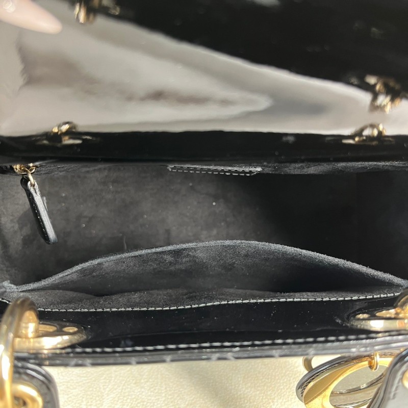 DIOR迪奧 Lady Dior 藤格紋五格 漆皮牛皮革 戴妃包手提單肩斜挎包-20