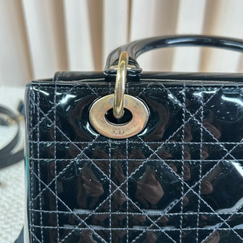 DIOR迪奧 Lady Dior 藤格紋五格 漆皮牛皮革 戴妃包手提單肩斜挎包-22