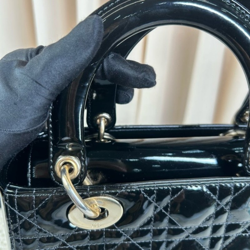 DIOR迪奧 Lady Dior 藤格紋五格 漆皮牛皮革 戴妃包手提單肩斜挎包-23