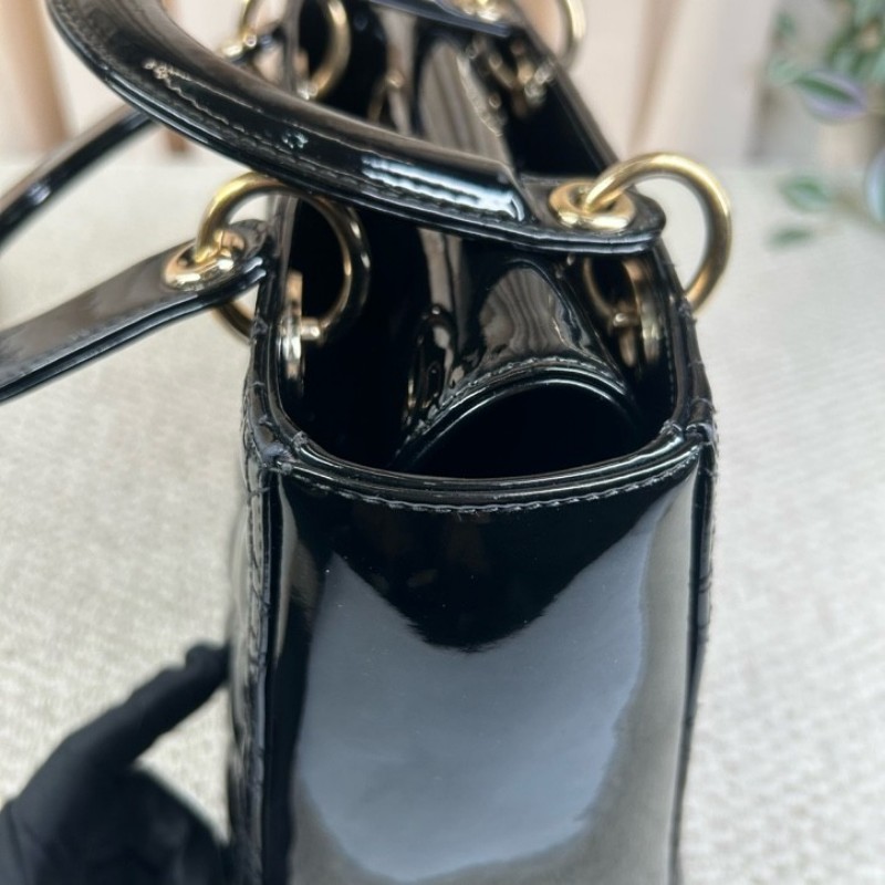 DIOR迪奧 Lady Dior 藤格紋五格 漆皮牛皮革 戴妃包手提單肩斜挎包-24