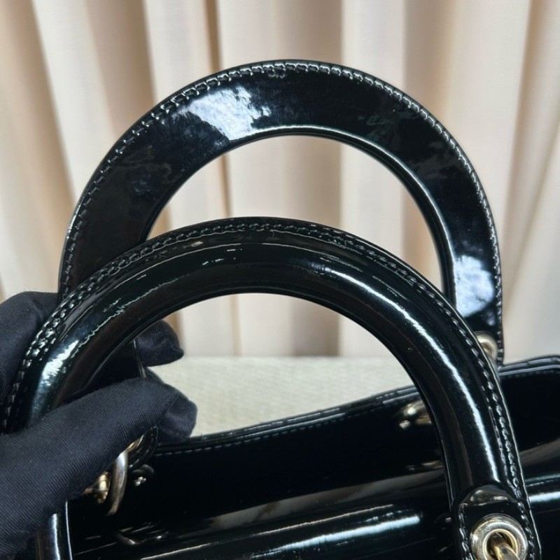 DIOR迪奧 Lady Dior 藤格紋五格 漆皮牛皮革 戴妃包手提單肩斜挎包-25