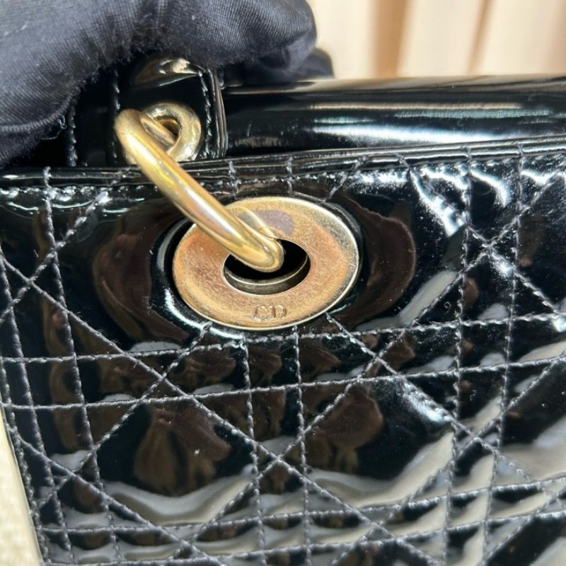 DIOR迪奧 Lady Dior 藤格紋五格 漆皮牛皮革 戴妃包手提單肩斜挎包-27