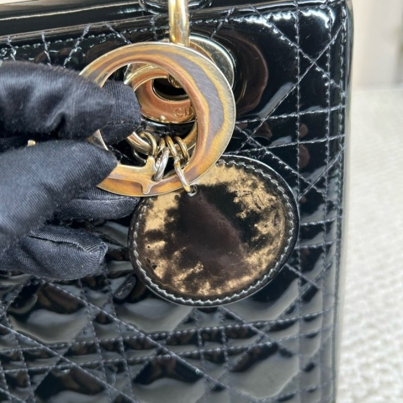 DIOR迪奧 Lady Dior 藤格紋五格 漆皮牛皮革 戴妃包手提單肩斜挎包-28