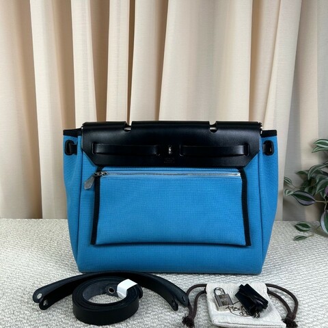 愛馬仕Hermes 藍拼黑hebag31銀扣手提單肩帆布包 B刻