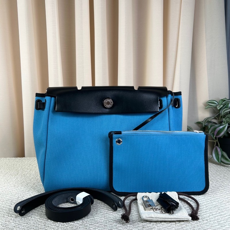 愛馬仕Hermes 藍拼黑hebag31銀扣手提單肩帆布包 B刻-4
