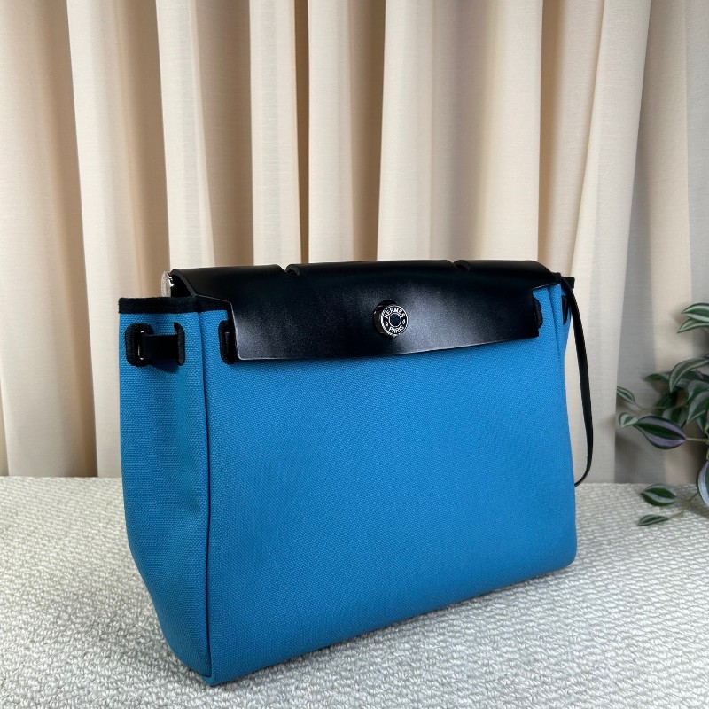 愛馬仕Hermes 藍拼黑hebag31銀扣手提單肩帆布包 B刻-5