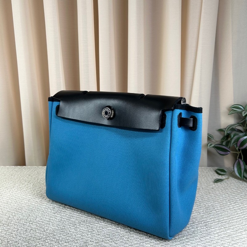 愛馬仕Hermes 藍拼黑hebag31銀扣手提單肩帆布包 B刻-6