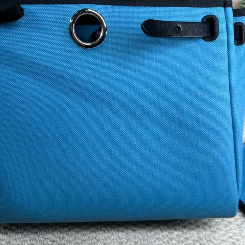 愛馬仕Hermes 藍拼黑hebag31銀扣手提單肩帆布包 B刻-14
