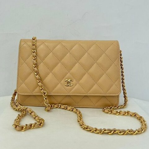 CHANEL杏色荔枝牛皮金釦CF WOC