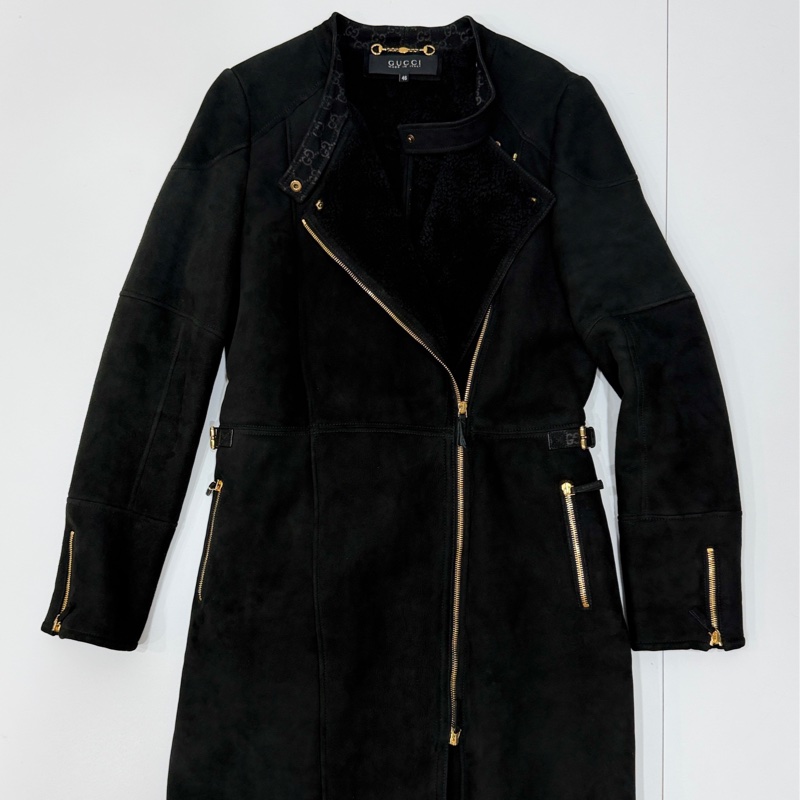 Gucci × Tom Ford 聯名款 黑色 麂皮 真皮 大衣 長版大衣 長大衣 皮外套 夾克-7