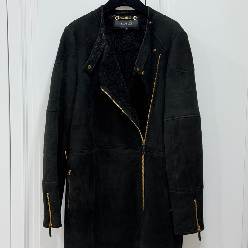 Gucci × Tom Ford 聯名款 黑色 麂皮 真皮 大衣 長版大衣 長大衣 皮外套 夾克-21