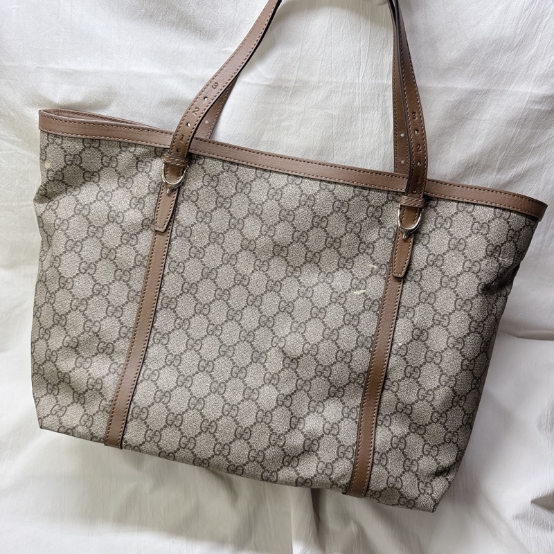 二手正品Gucci 經典老花馬蹄扣托特包 GG PVC Supreme Gucci托特包 Gucci包 媽媽包-6