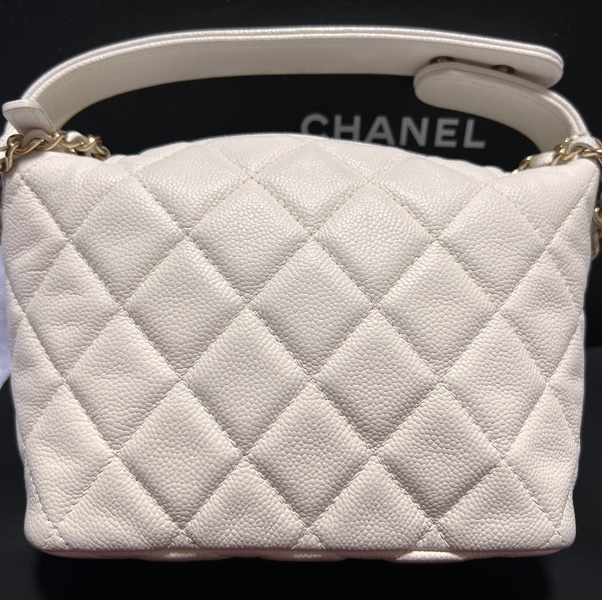 CHANEL 香奈兒 25C 雙C LOGO 菱格紋小牛皮hobo手提/斜背包(白色）-6