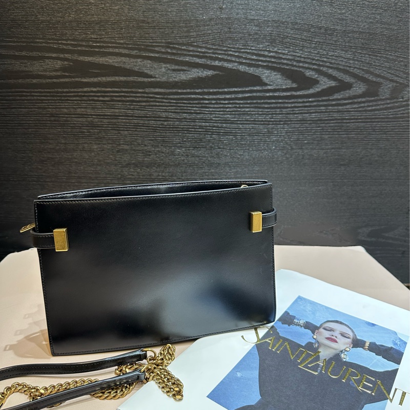 YSL黑牛皮滑面金釦曼哈頓肩背斜背包-1