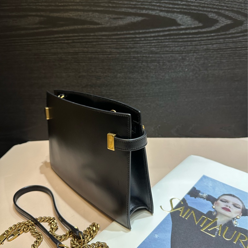 YSL黑牛皮滑面金釦曼哈頓肩背斜背包-2