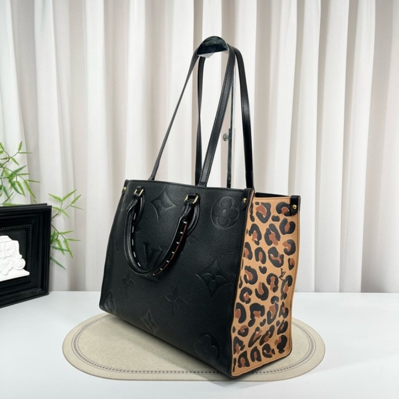 LV路易威登 21年票 芯片款 Onthego中號托特包 壓紋老花拼豹紋限量款 時尚大方-6