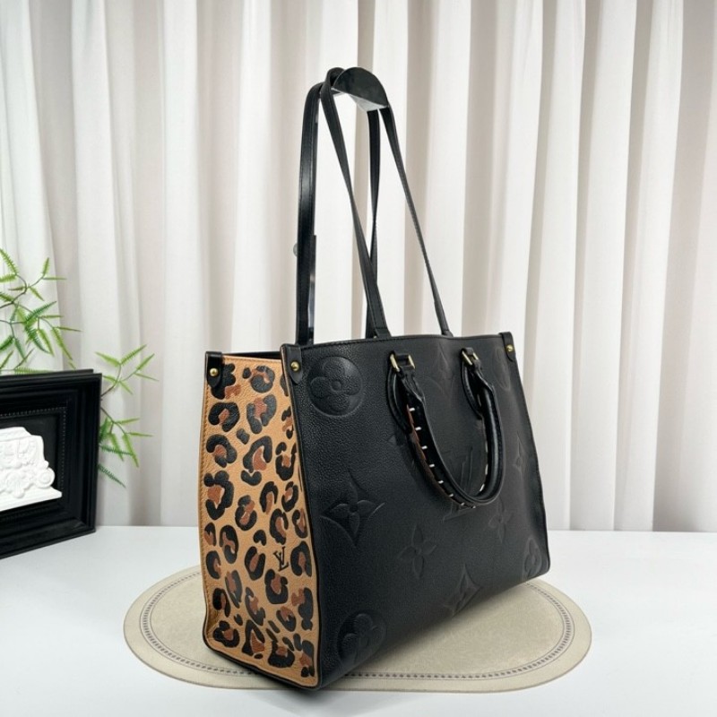 LV路易威登 21年票 芯片款 Onthego中號托特包 壓紋老花拼豹紋限量款 時尚大方-7