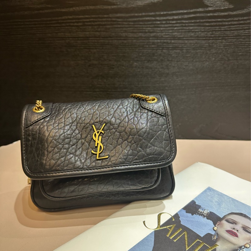 YSL黑羊皮霧金釦Mini Niki肩背斜背包-0