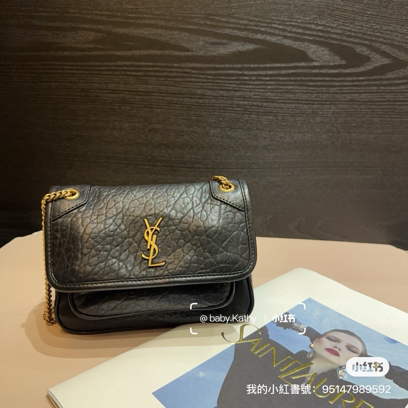 YSL黑羊皮霧金釦Mini Niki肩背斜背包-3
