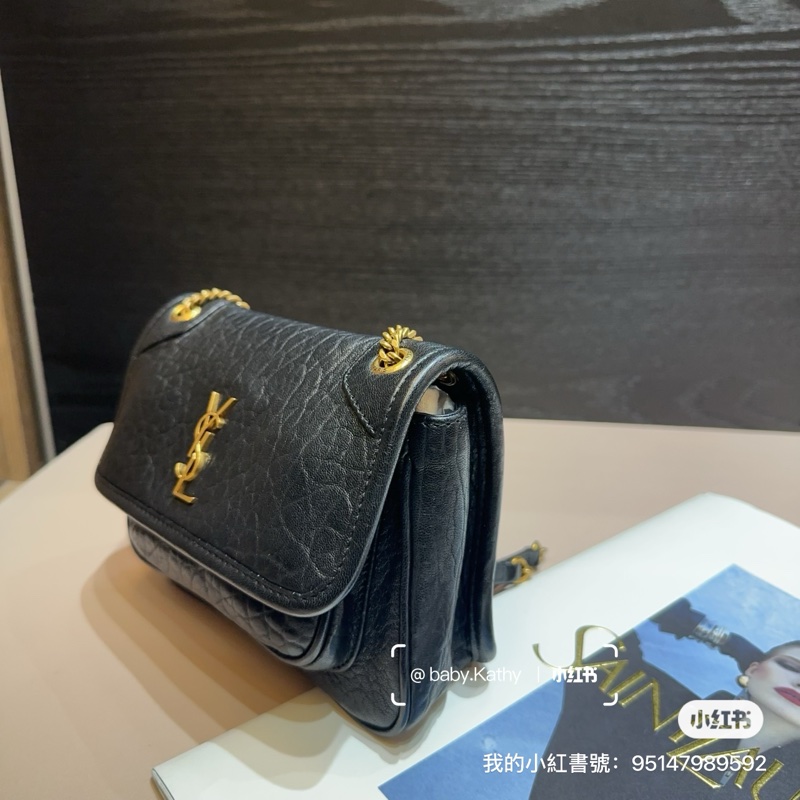 YSL黑羊皮霧金釦Mini Niki肩背斜背包-6