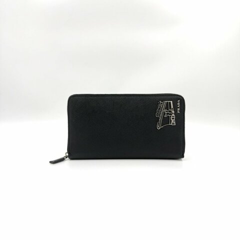PRADA - 黑色防刮牛皮郵輪圖案銀扣商務型長夾