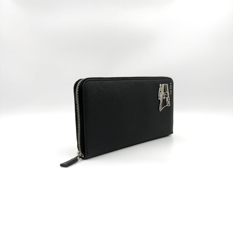 PRADA - 黑色防刮牛皮郵輪圖案銀扣商務型長夾-2