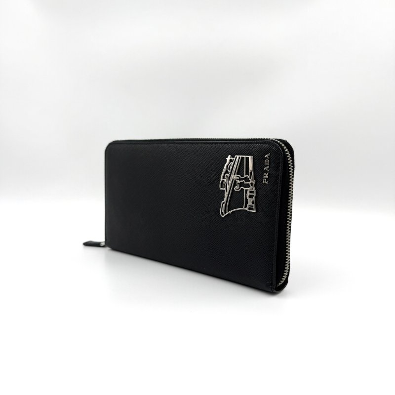 PRADA - 黑色防刮牛皮郵輪圖案銀扣商務型長夾-3