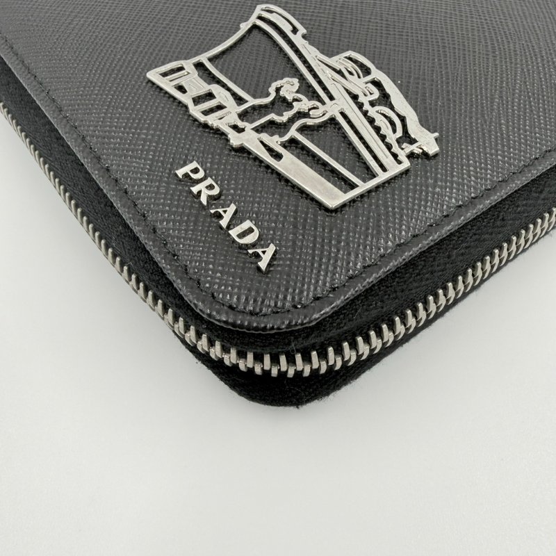 PRADA - 黑色防刮牛皮郵輪圖案銀扣商務型長夾-8