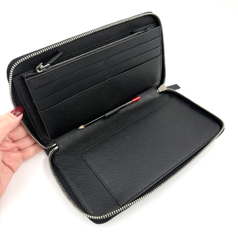 PRADA - 黑色防刮牛皮郵輪圖案銀扣商務型長夾-10