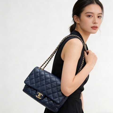 CHANEL 藍色金扣肩背斜背包23*16*4 98新配件塵袋