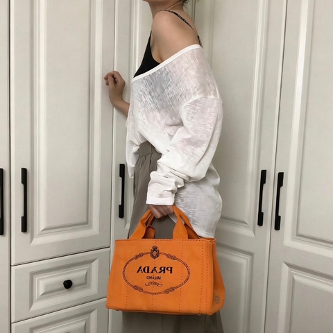 Prada 沙灘包橙色手提包 29*18.5 98新配件塵袋