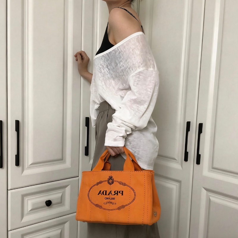 Prada 沙灘包橙色手提包 29*18.5 98新配件塵袋-0